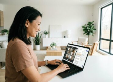 apprenante suivant une formation avec un organisme de formation professionnelle en ligne depuis son domicile