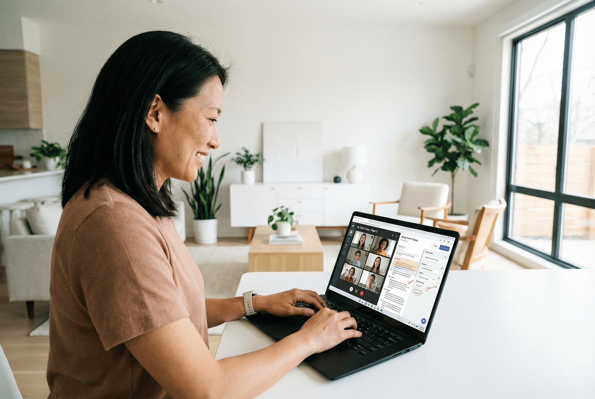 apprenante suivant une formation avec un organisme de formation professionnelle en ligne depuis son domicile